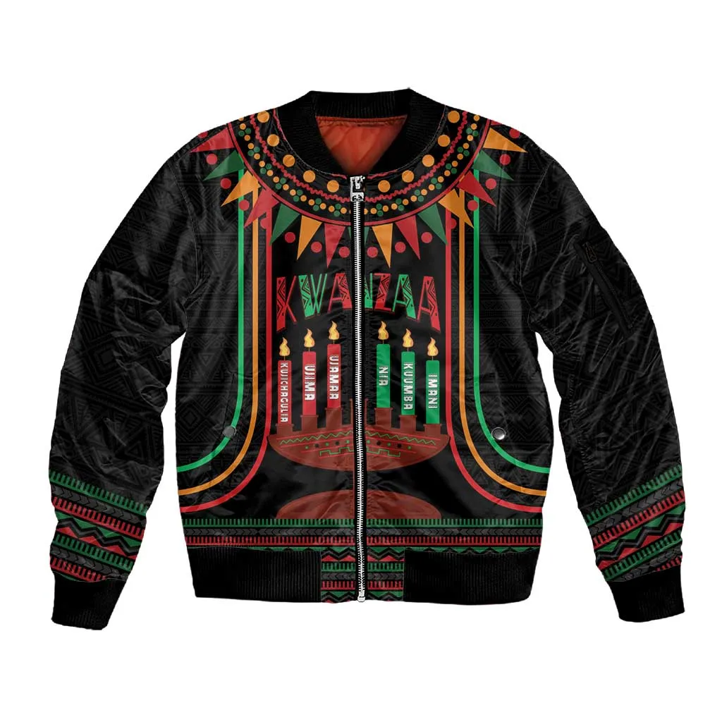 Personalized Afro-American Kwanzaa Sleeve Zip Bomber Jacket Kinara Candles African Pattern LT14