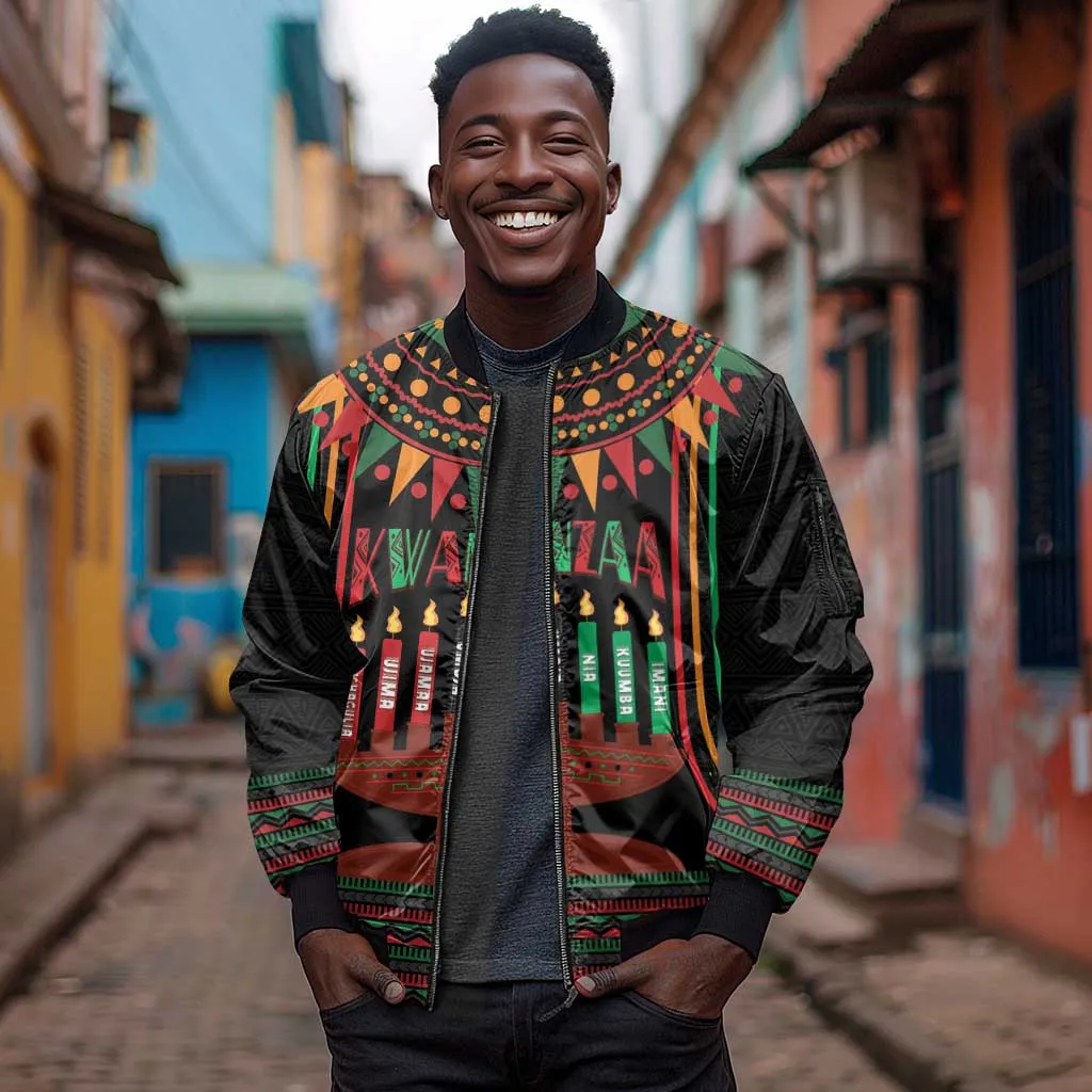 Personalized Afro-American Kwanzaa Sleeve Zip Bomber Jacket Kinara Candles African Pattern LT14
