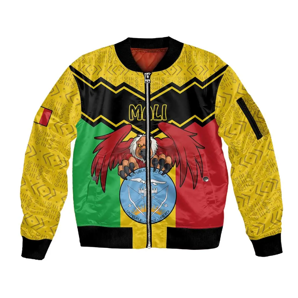Personalized Afro Mali Vulture Sleeve Zip Bomber Jacket Coat Of Arms - Bogolan Pattern LT15