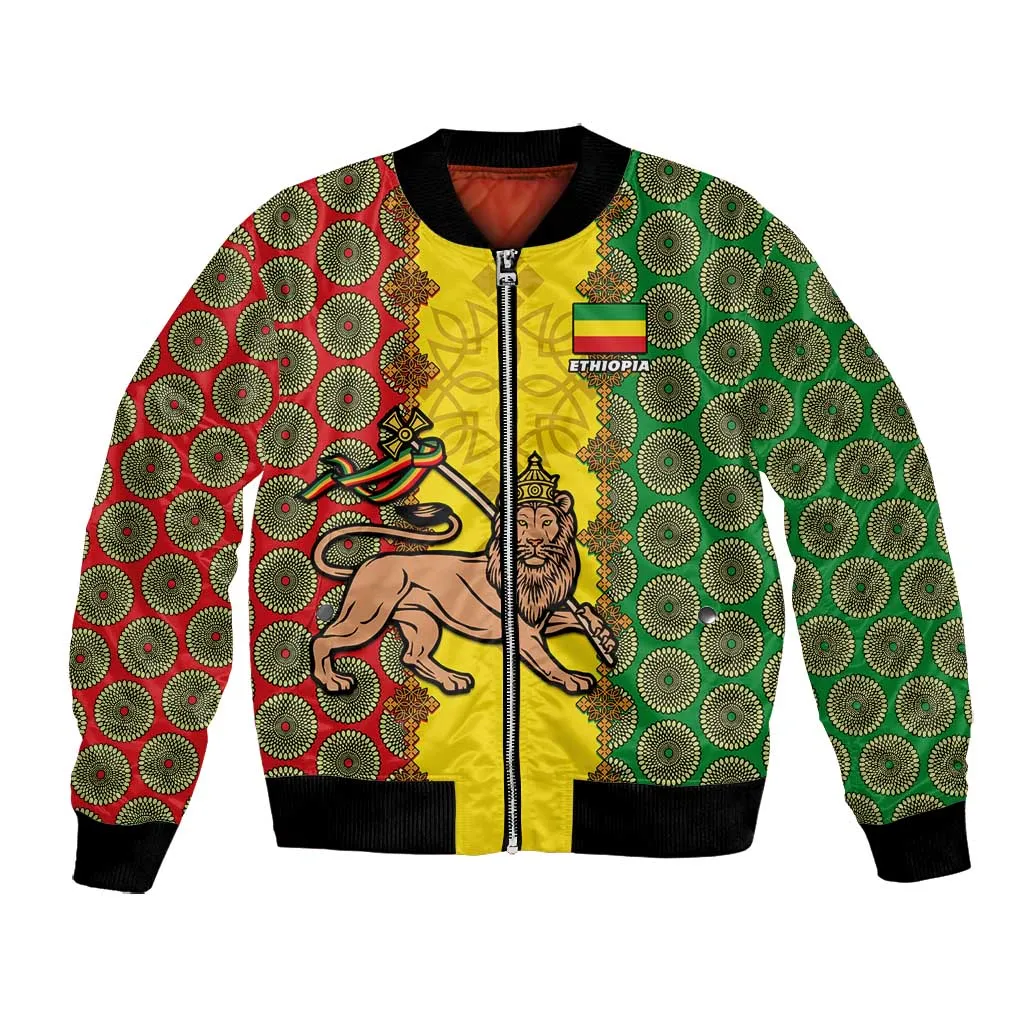 Personalized Ethiopia Bomber Jacket with Lion of Judah and African Pattern Design LT01