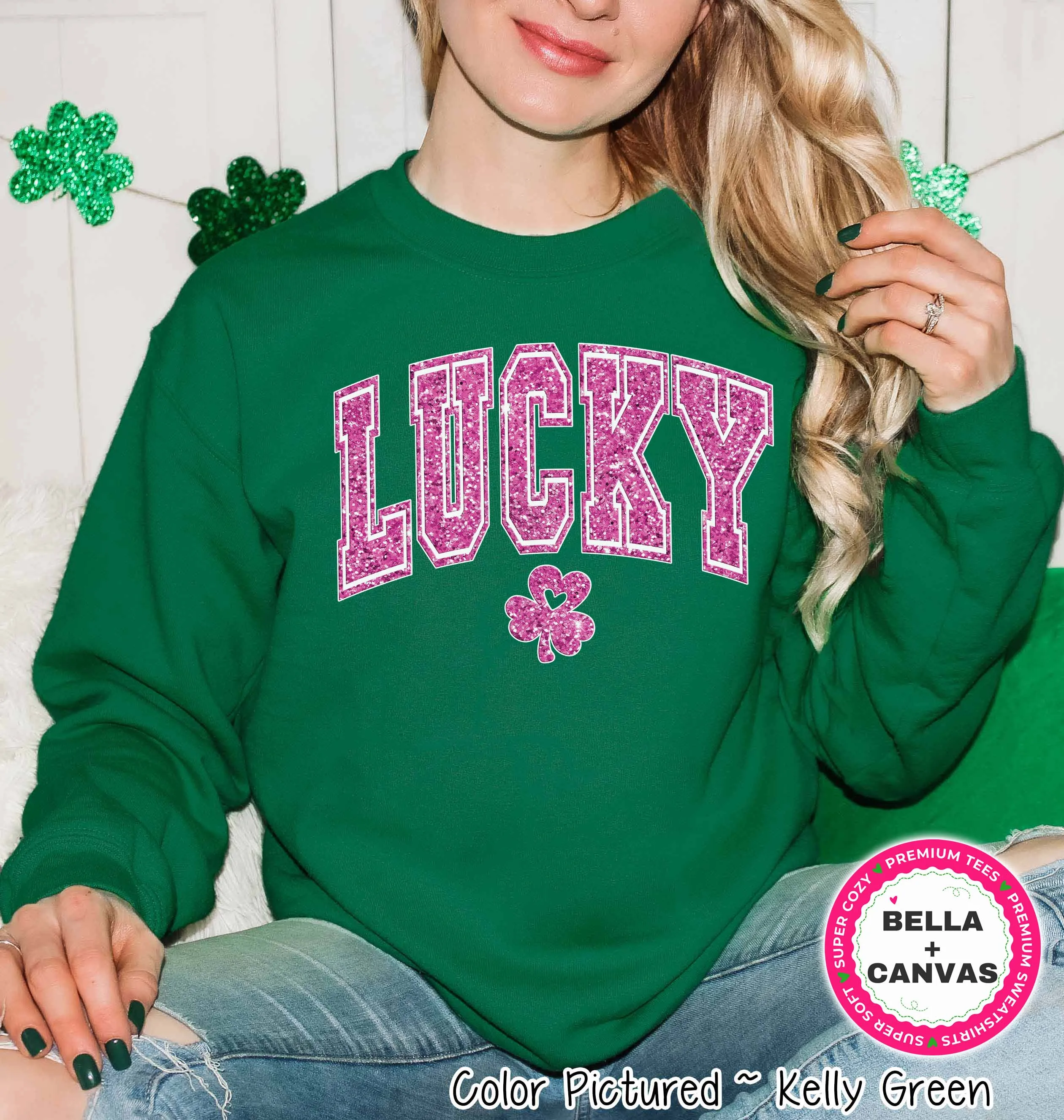 Pink Faux Glitter Lucky St Patricks Day Tee or Sweatshirt
