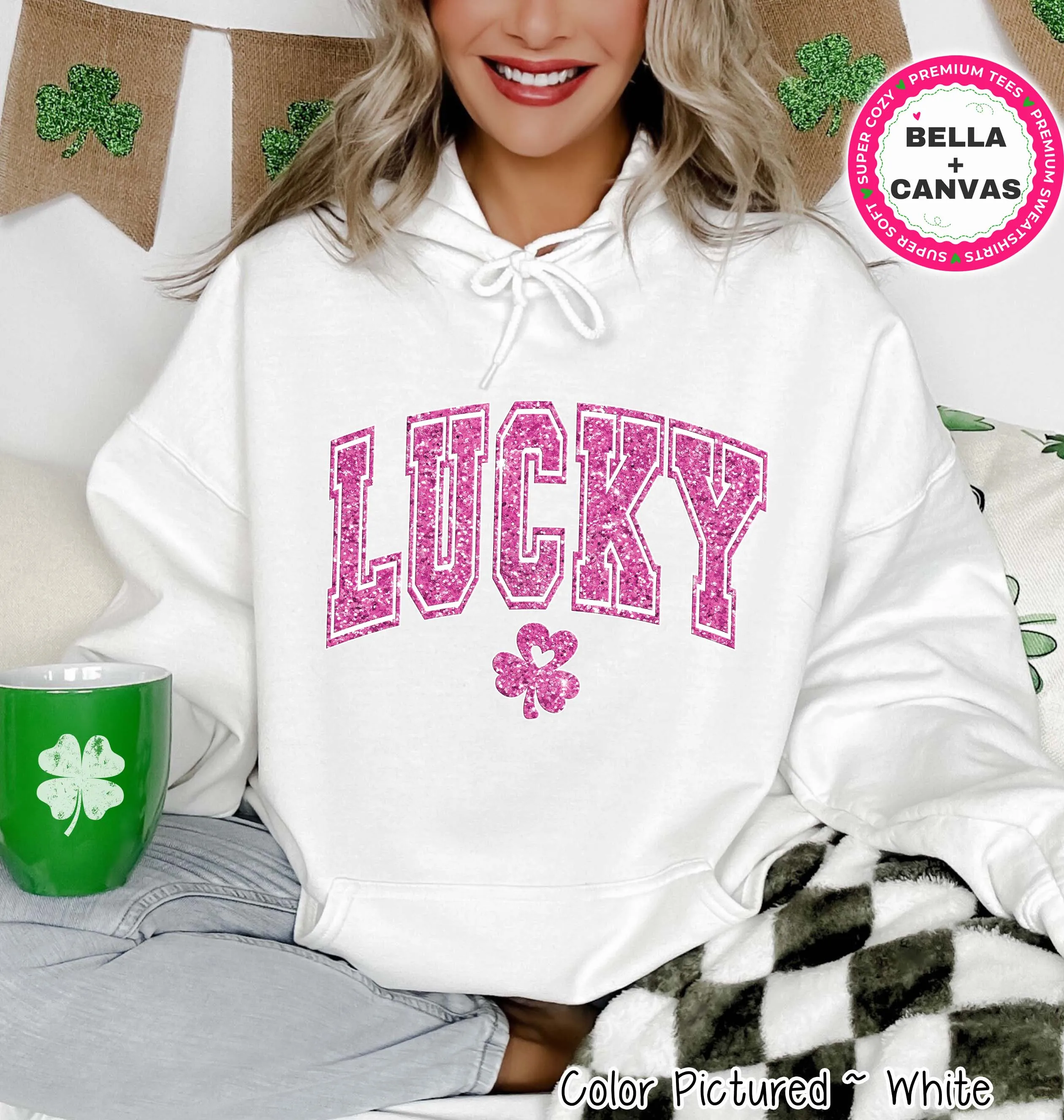 Pink Faux Glitter Lucky St Patricks Day Tee or Sweatshirt