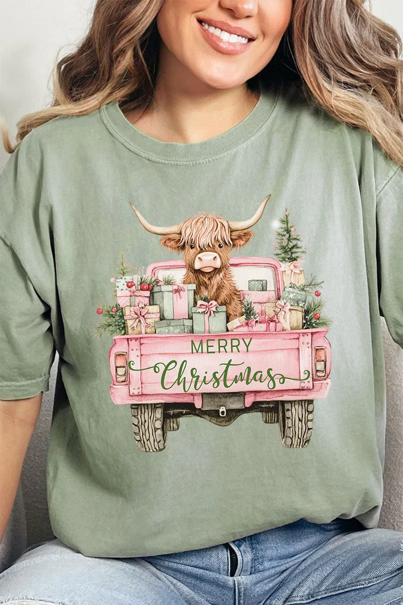 Pink Highland Cow Christmas Comfort Colors Adult Ring-Spun Cotton Tee