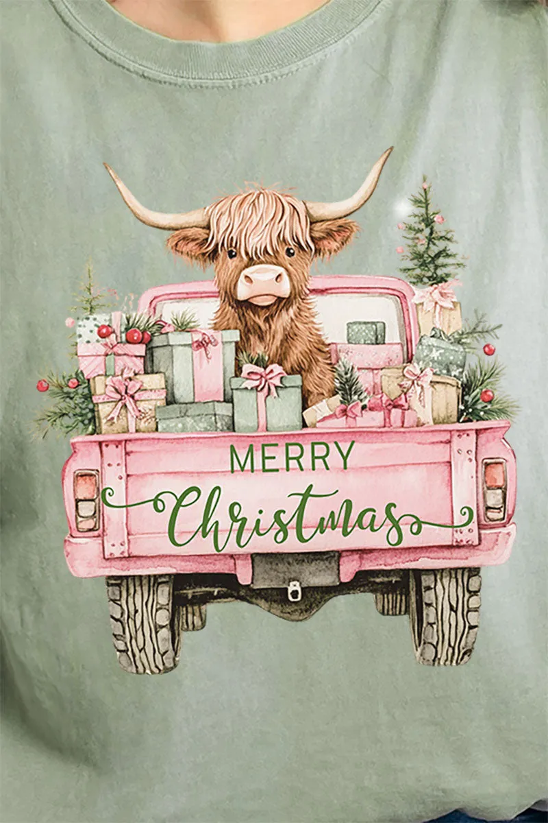 Pink Highland Cow Christmas Comfort Colors Adult Ring-Spun Cotton Tee