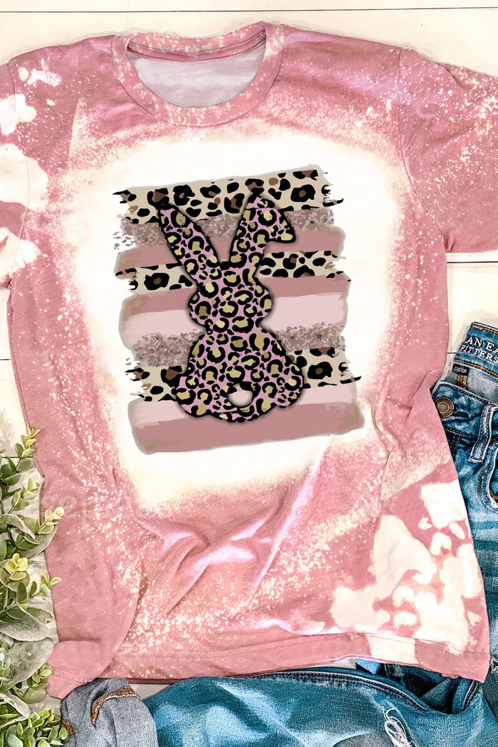 Pink Tie Dye Contrast Leopard Rabbit Graphic T Shirt