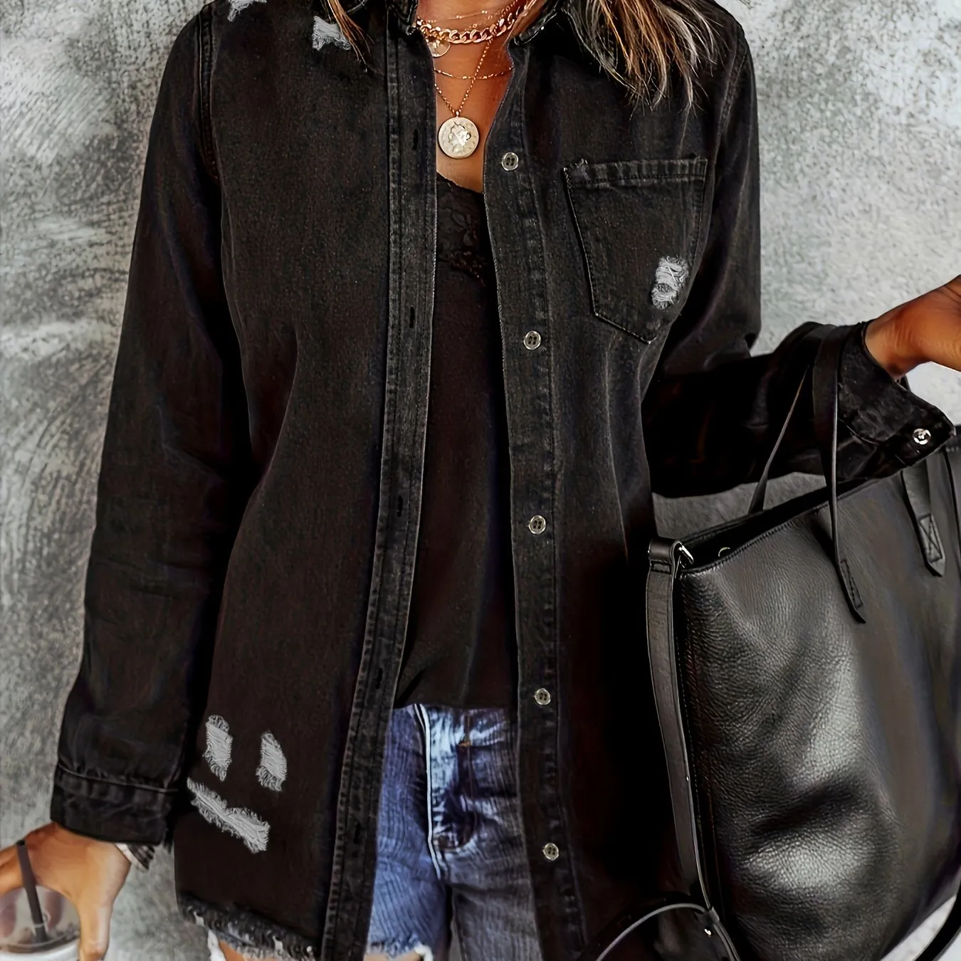 Plain Long Sleeves Denim Jackets, Ripped Holes Frayed Hem Lapel Denim Coats, Women's Denim Clothing