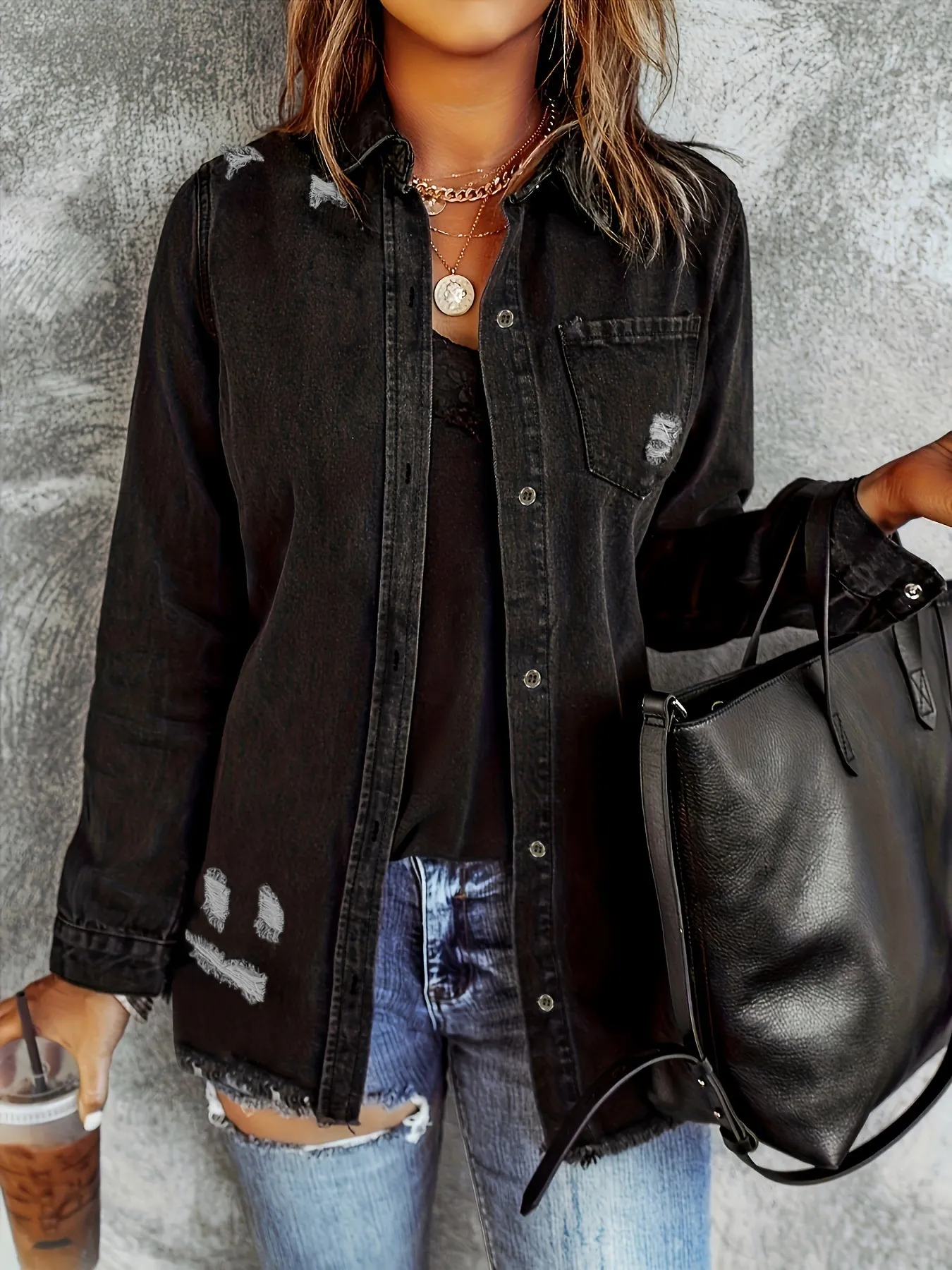 Plain Long Sleeves Denim Jackets, Ripped Holes Frayed Hem Lapel Denim Coats, Women's Denim Clothing