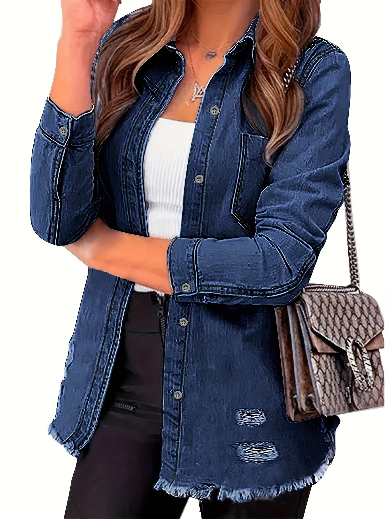 Plain Long Sleeves Denim Jackets, Ripped Holes Frayed Hem Lapel Denim Coats, Women's Denim Clothing