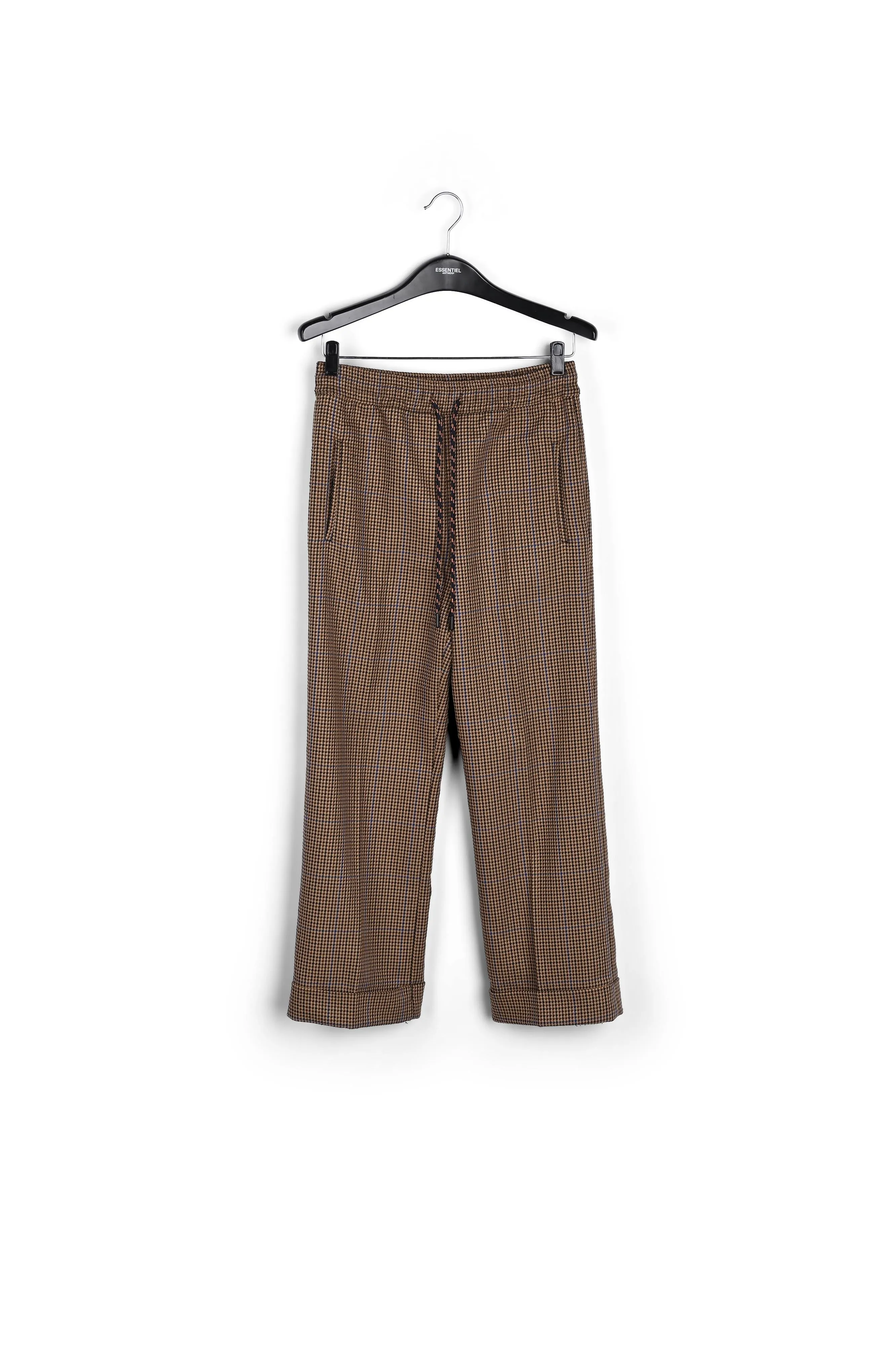 Red and brown houndstooth pants with drawstring