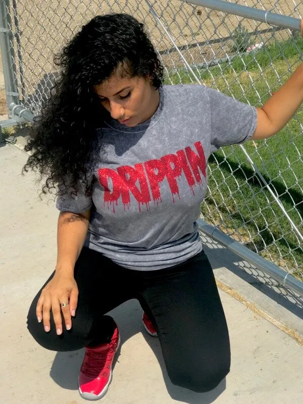 Red Glitter Drippin | Gray Vintage Wash Tee