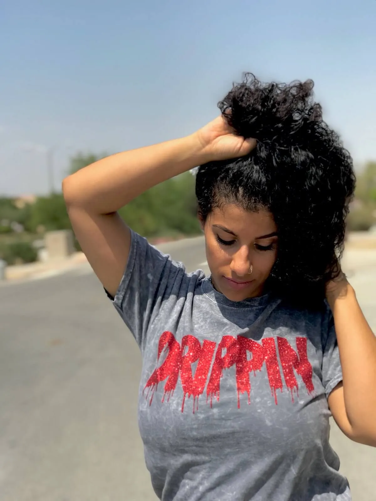 Red Glitter Drippin | Gray Vintage Wash Tee