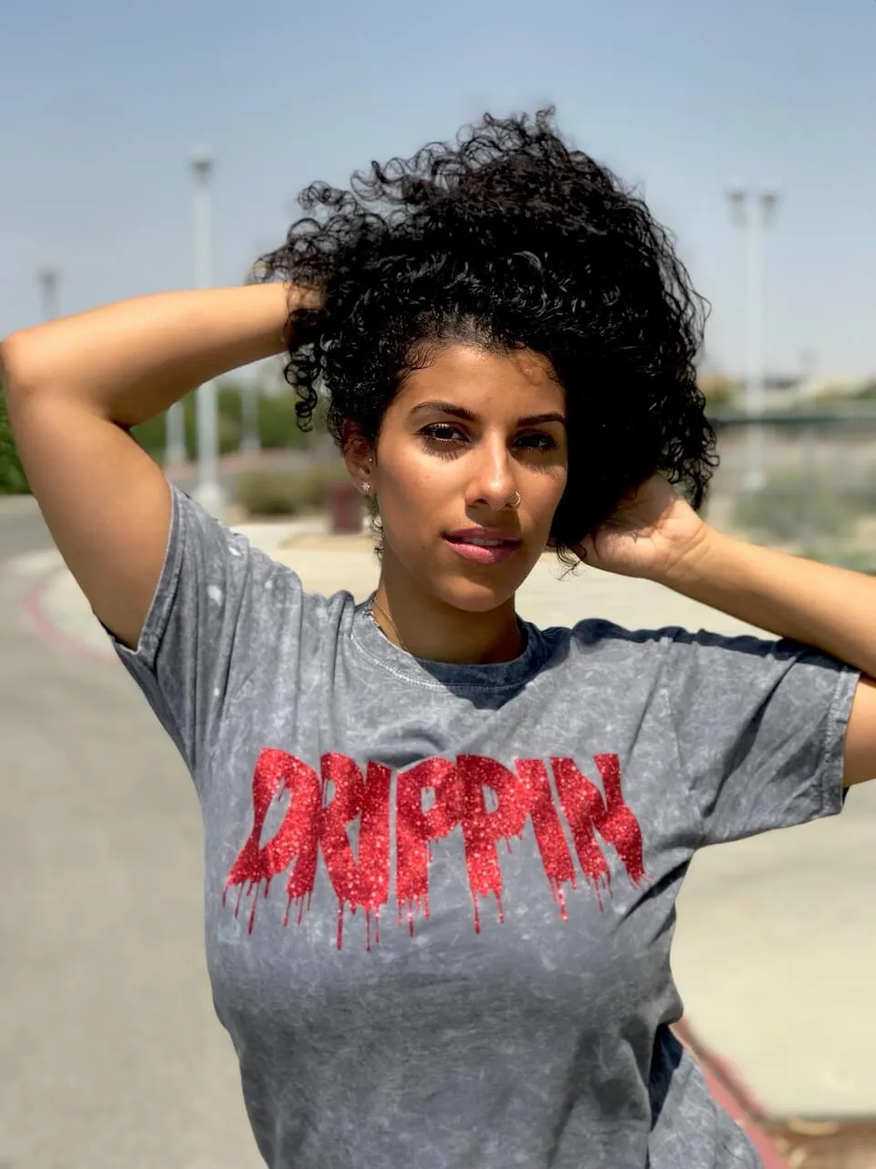 Red Glitter Drippin | Gray Vintage Wash Tee