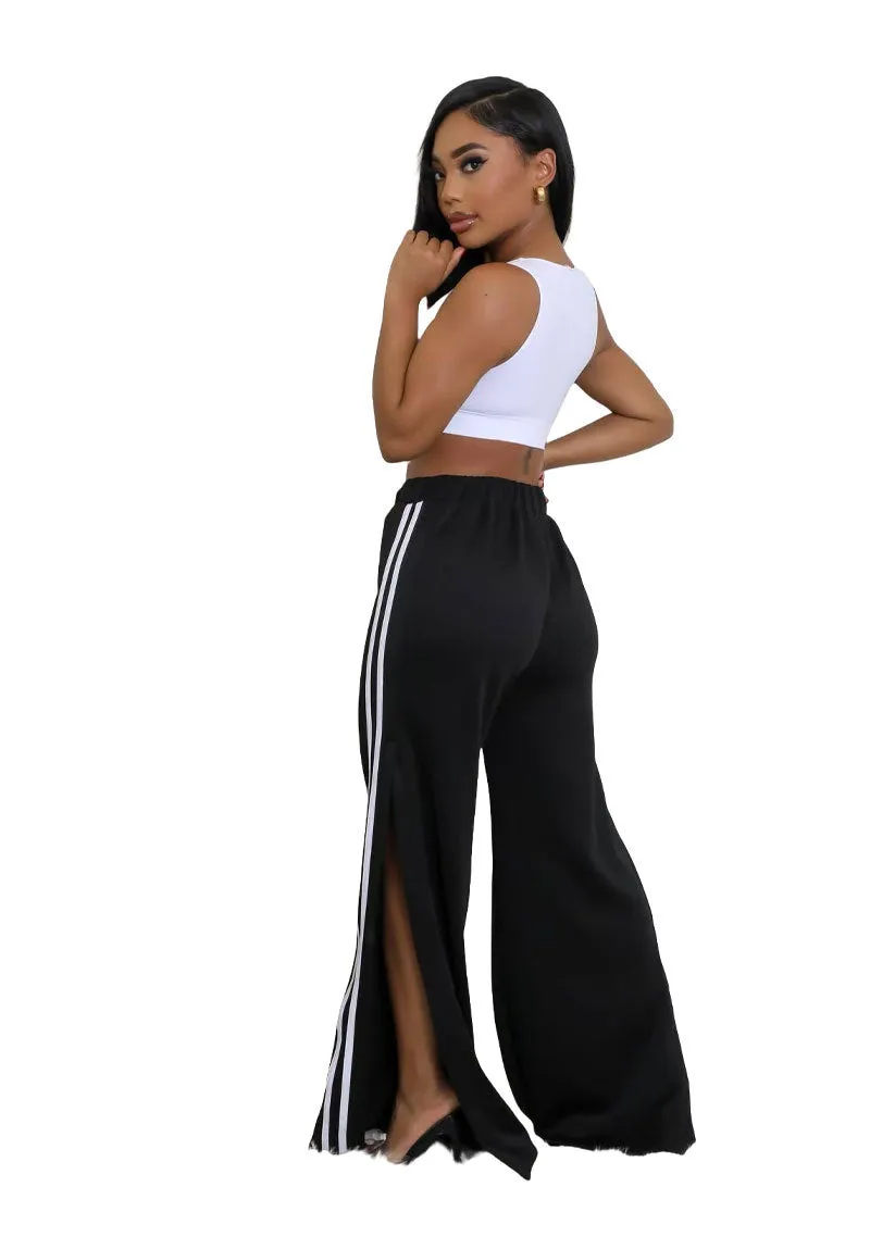 Relaxed Fit Striped Wide-Leg Drawstring Athletic Pants