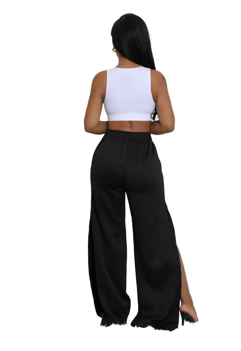 Relaxed Fit Striped Wide-Leg Drawstring Athletic Pants