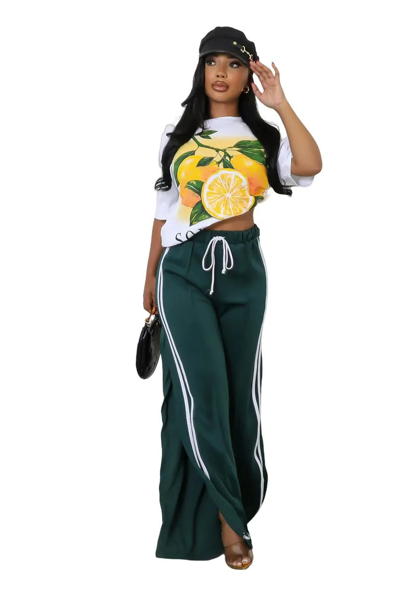 Relaxed Fit Striped Wide-Leg Drawstring Athletic Pants