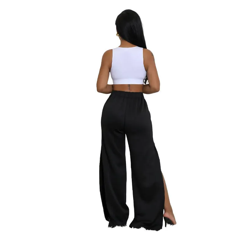 Relaxed Fit Striped Wide-Leg Drawstring Athletic Pants