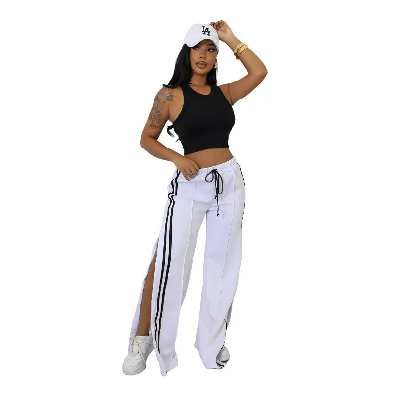 Relaxed Fit Striped Wide-Leg Drawstring Athletic Pants