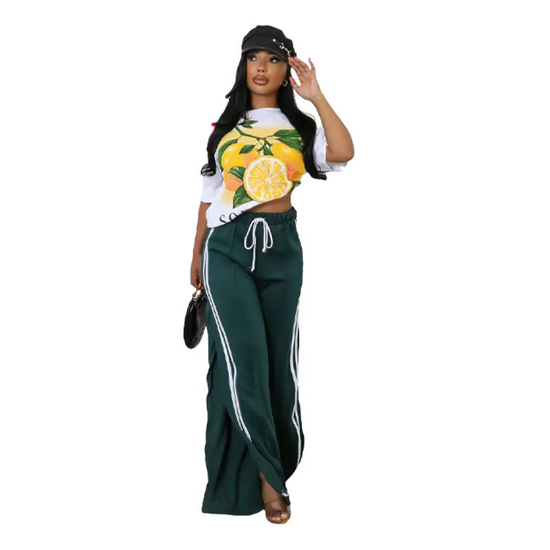 Relaxed Fit Striped Wide-Leg Drawstring Athletic Pants