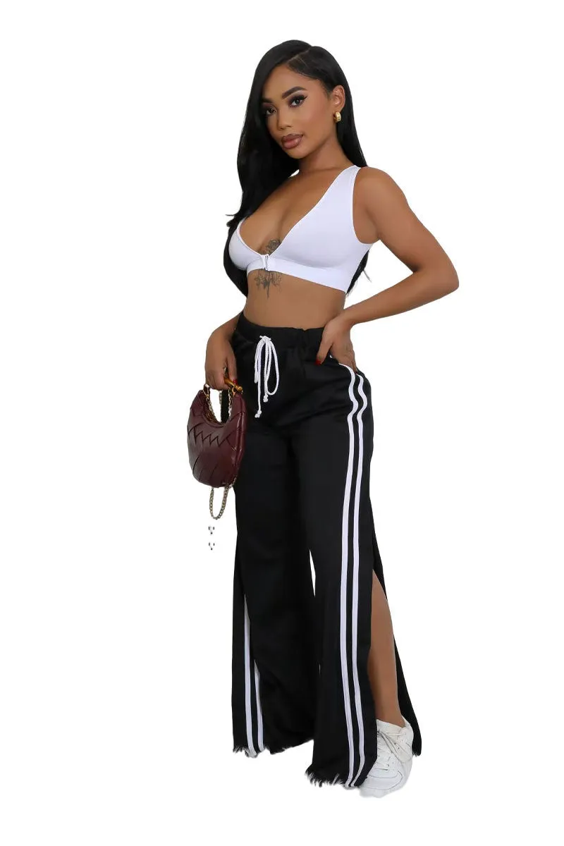 Relaxed Fit Striped Wide-Leg Drawstring Athletic Pants
