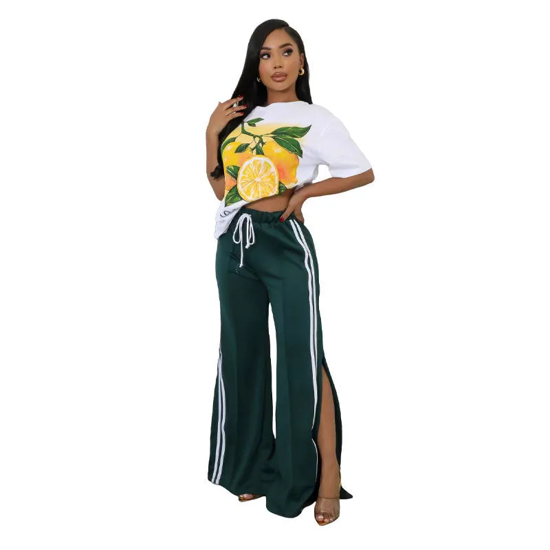 Relaxed Fit Striped Wide-Leg Drawstring Athletic Pants