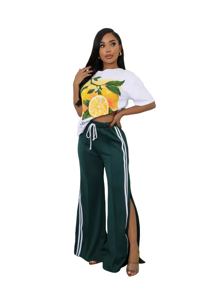 Relaxed Fit Striped Wide-Leg Drawstring Athletic Pants