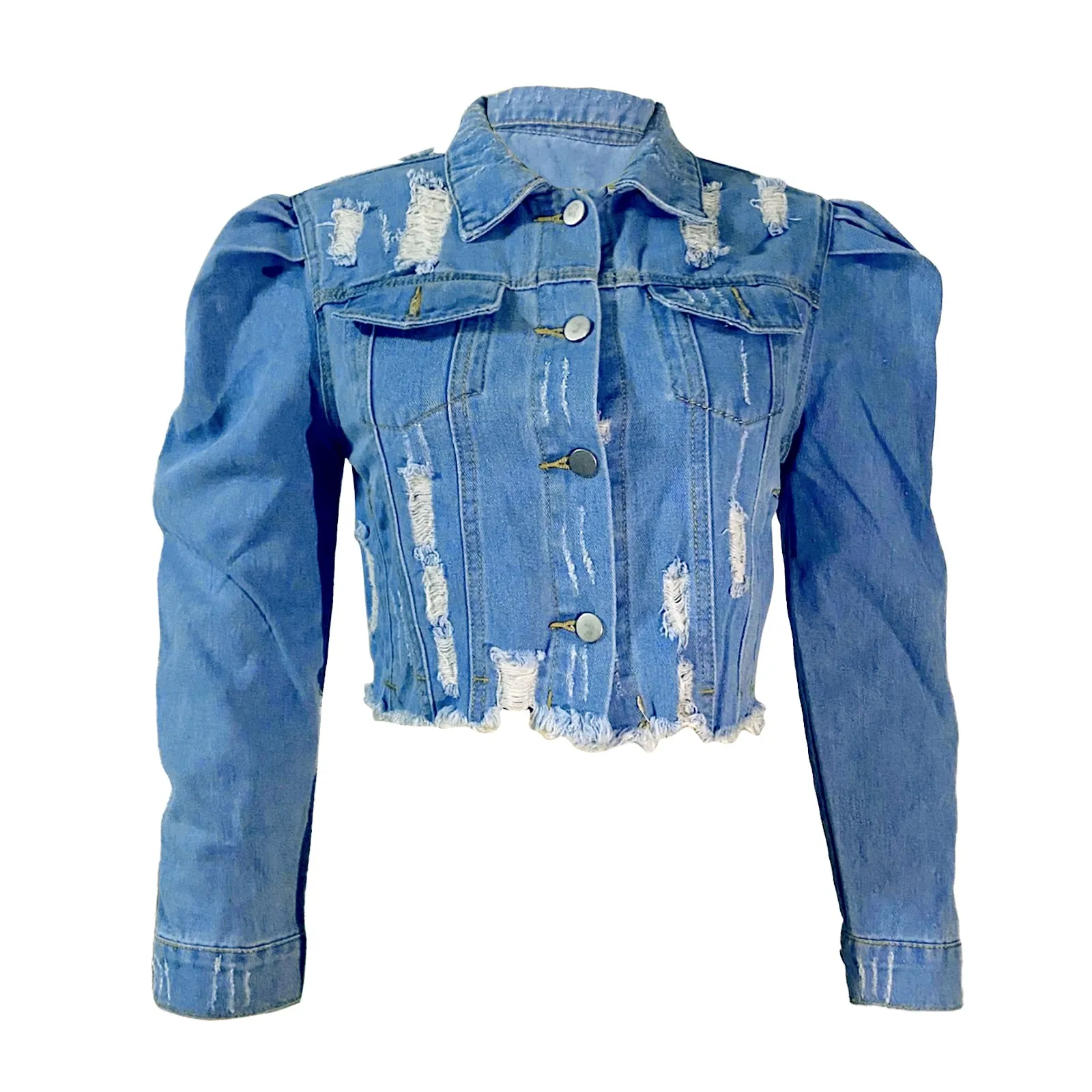 Ripped Denim Jacket Casual Long Puff Sleeve Button Down Cropped