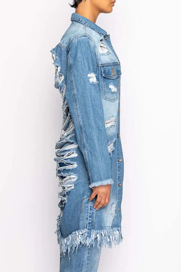 Ripped Fringed Hem Denim Trench Coat
