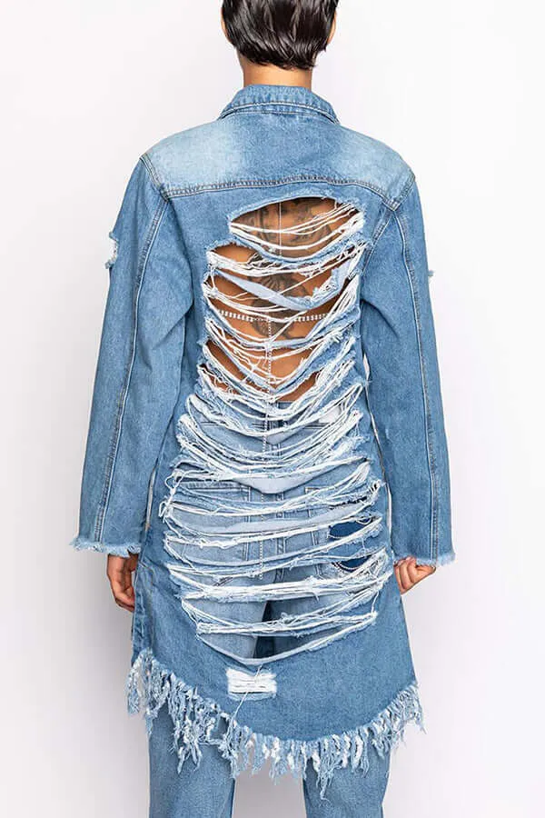 Ripped Fringed Hem Denim Trench Coat