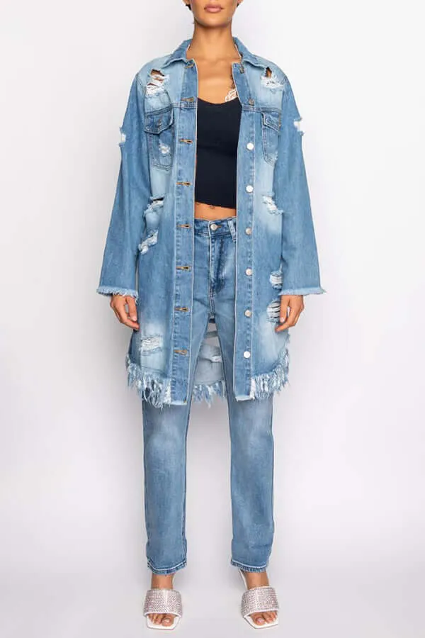 Ripped Fringed Hem Denim Trench Coat