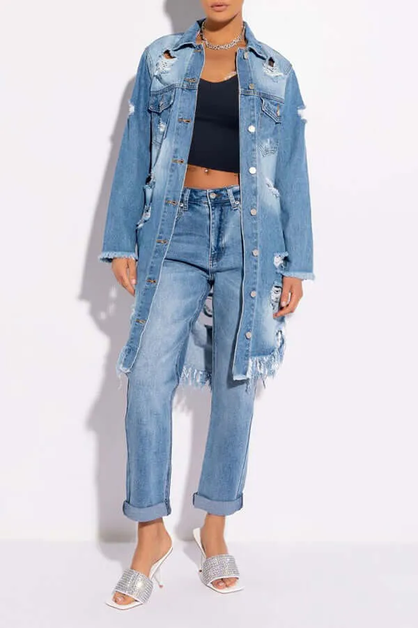 Ripped Fringed Hem Denim Trench Coat