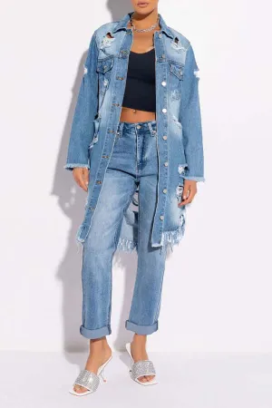 Ripped Fringed Hem Denim Trench Coat