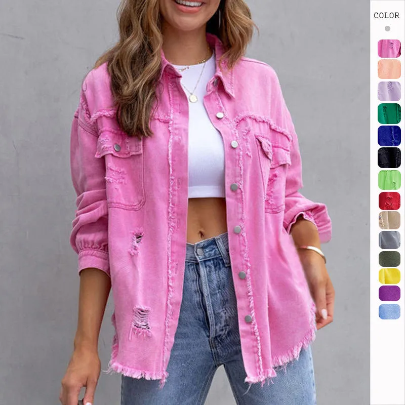 Ripped Shirt Jacket Female Autumn-Spring Casual Tops