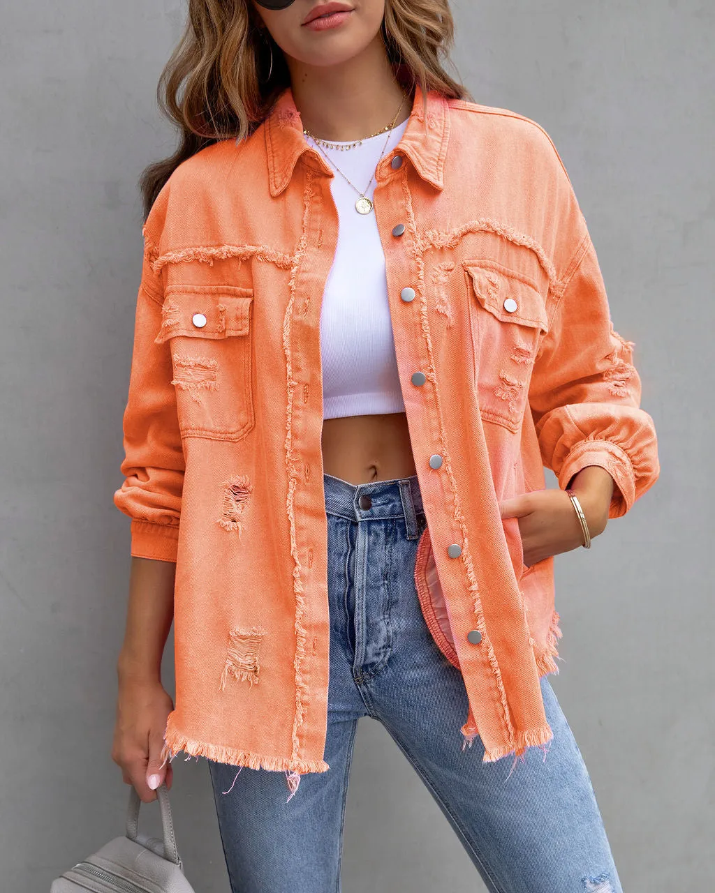 Ripped Shirt Jacket Female Autumn-Spring Casual Tops