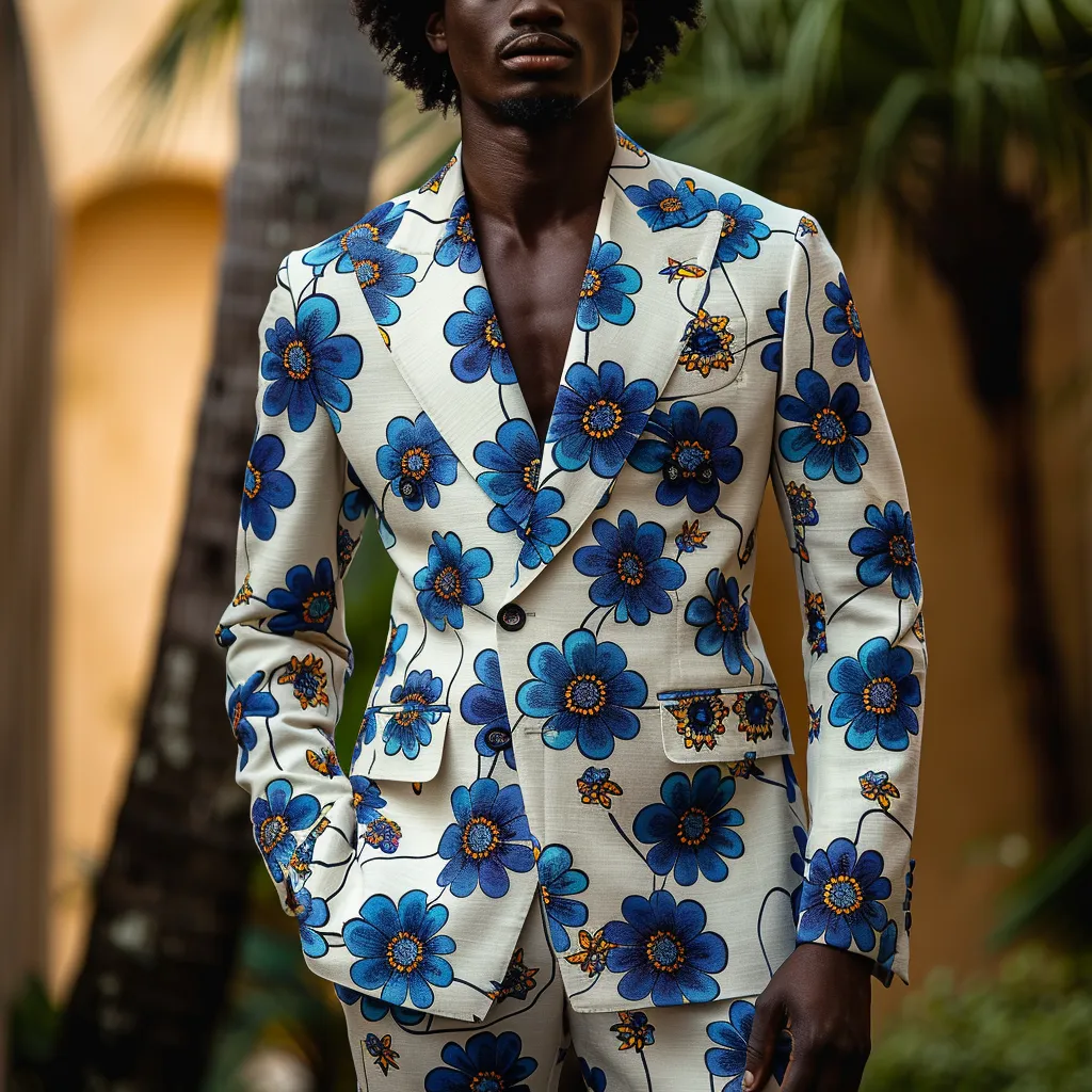 Rulercosplay Flame Mens 2 Piece Print Suit Floral Dress Jacket Slim 2 Button Blazer Pants For Party