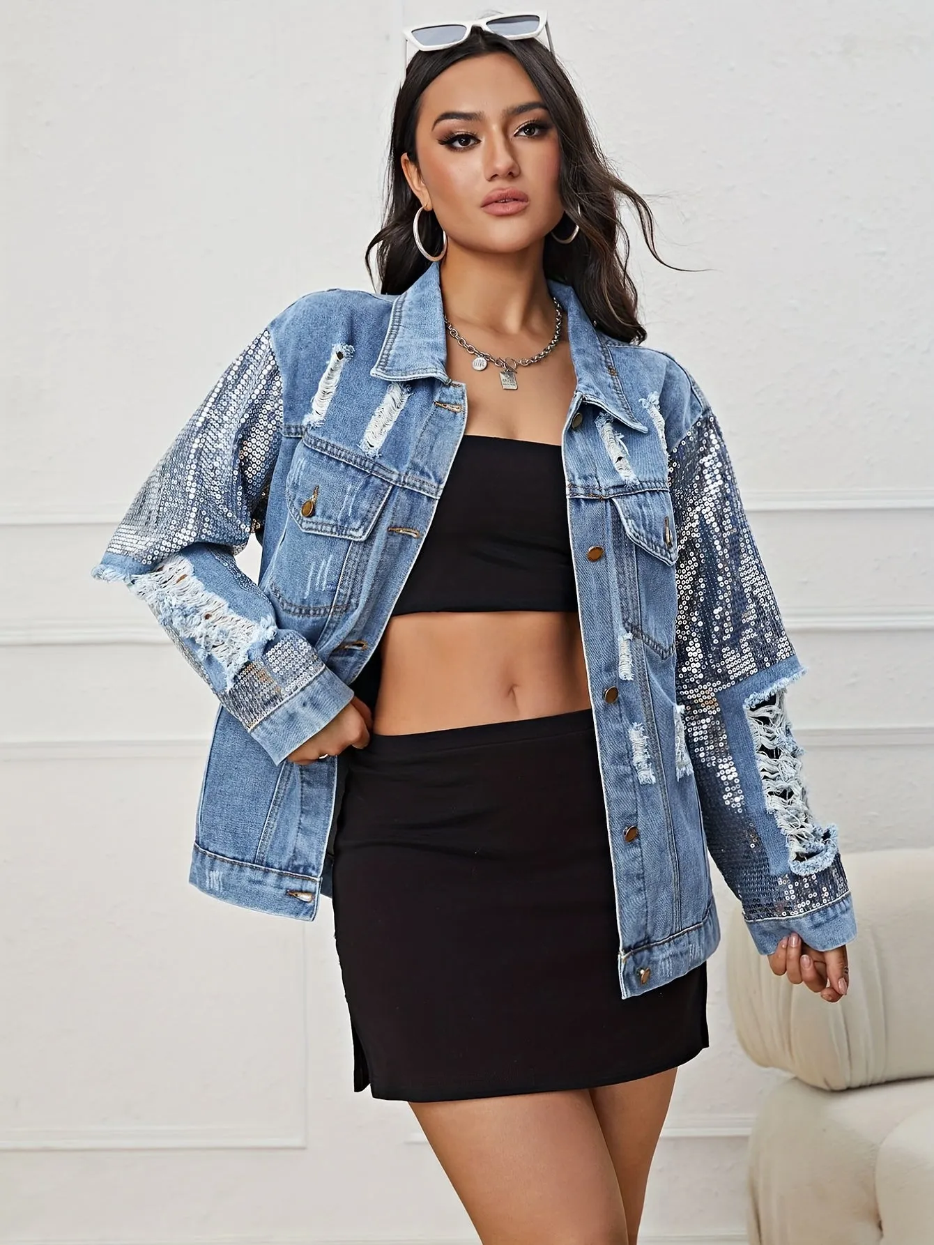 Sequin Long Sleeve Oversized Denim Jackets, Flap Pocket Loose Fit Ripped Distressed Denim Coats, Women's Denim & Clothing