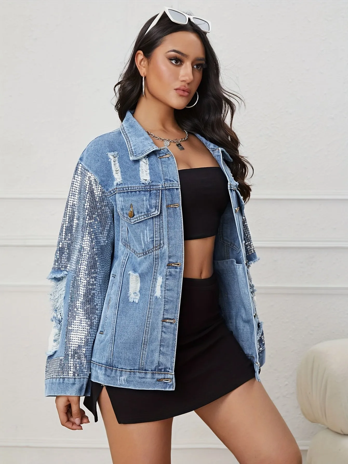 Sequin Long Sleeve Oversized Denim Jackets, Flap Pocket Loose Fit Ripped Distressed Denim Coats, Women's Denim & Clothing