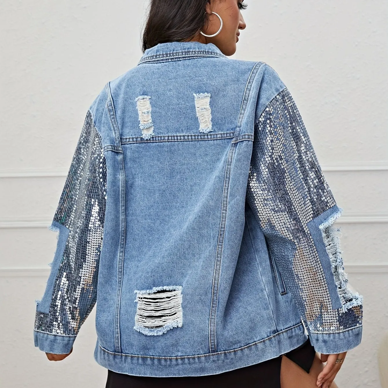 Sequin Long Sleeve Oversized Denim Jackets, Flap Pocket Loose Fit Ripped Distressed Denim Coats, Women's Denim & Clothing