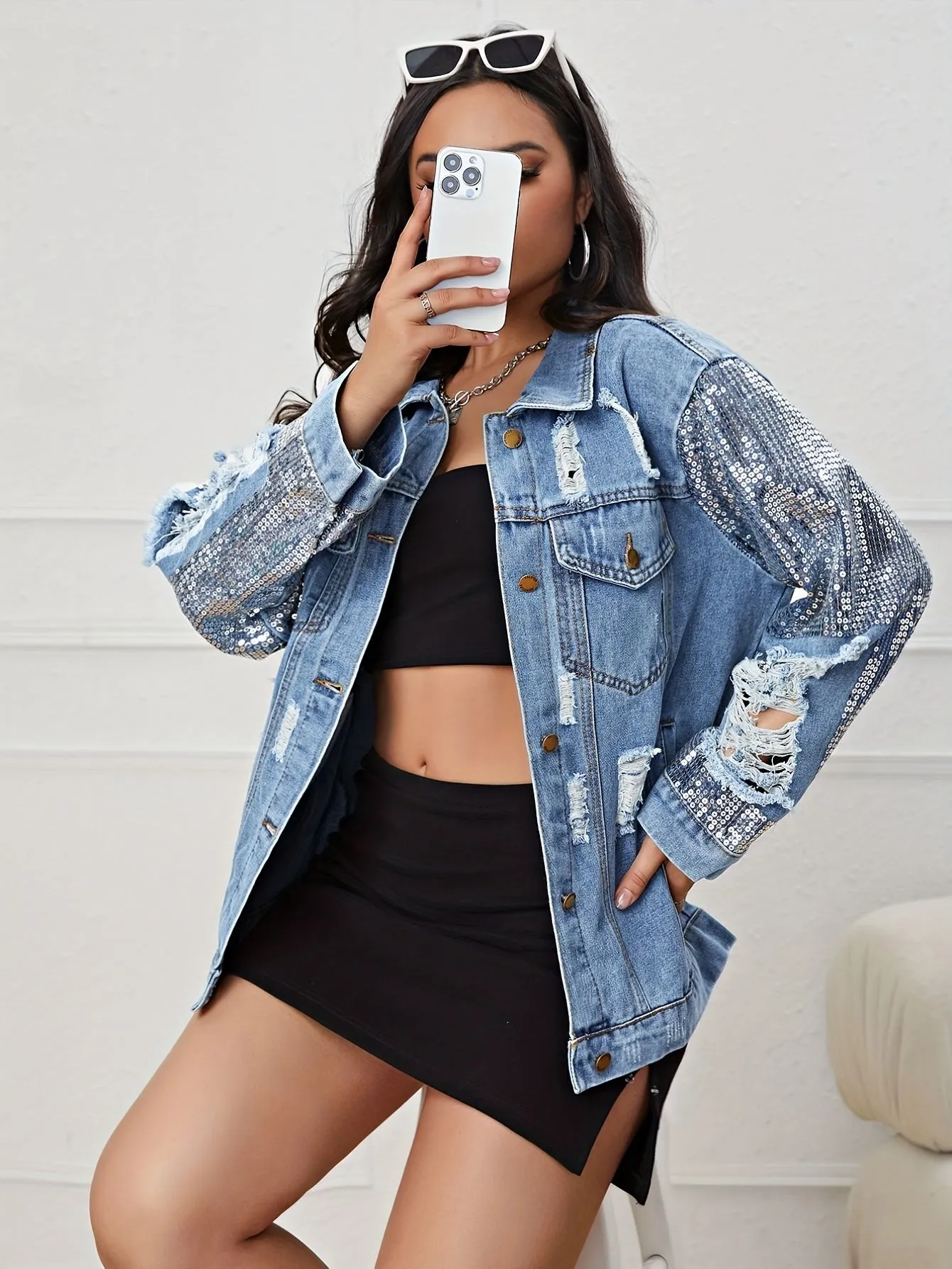 Sequin Long Sleeve Oversized Denim Jackets, Flap Pocket Loose Fit Ripped Distressed Denim Coats, Women's Denim & Clothing