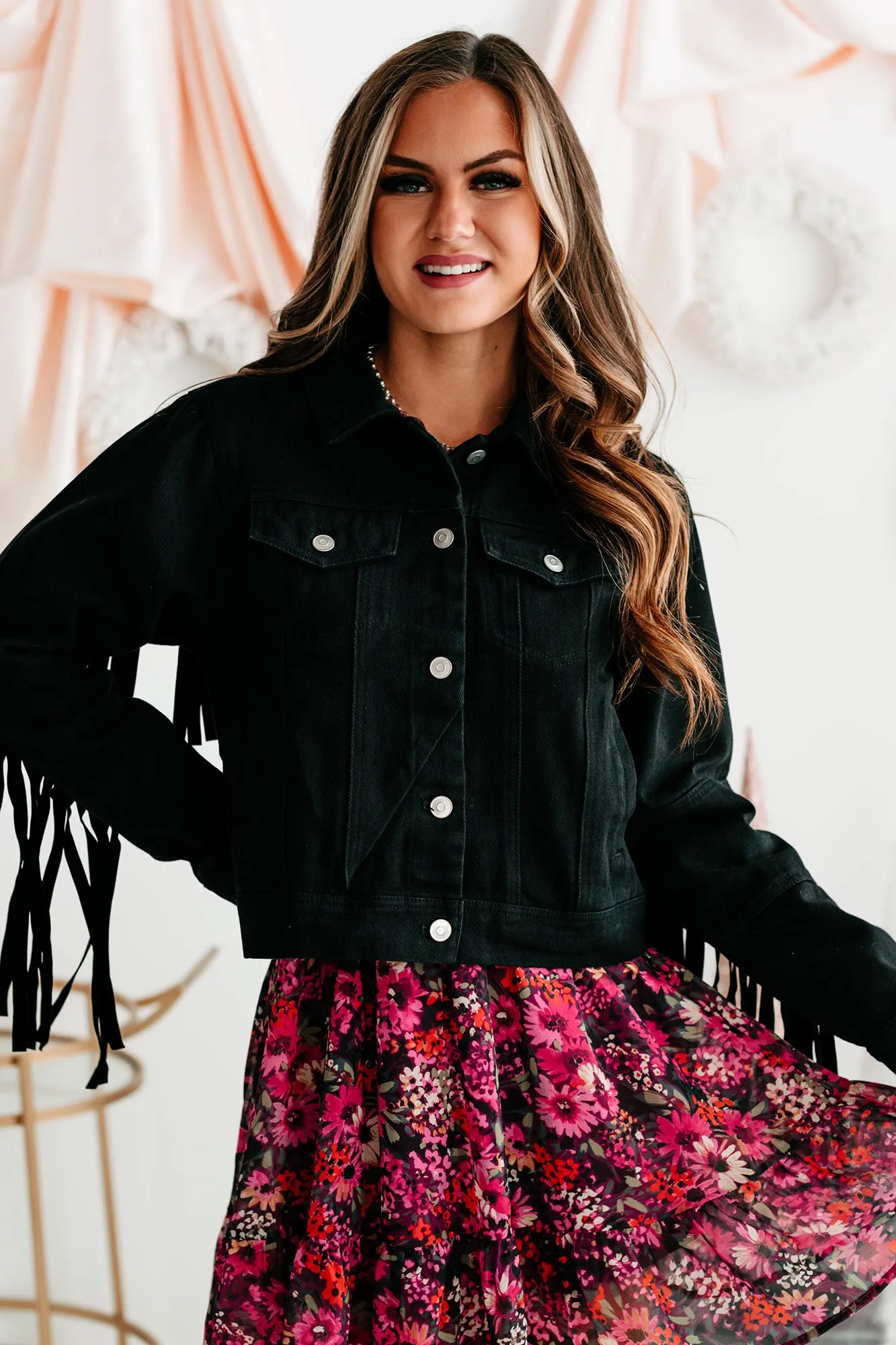 Shake It Fringe Detail Denim Jacket (Black)