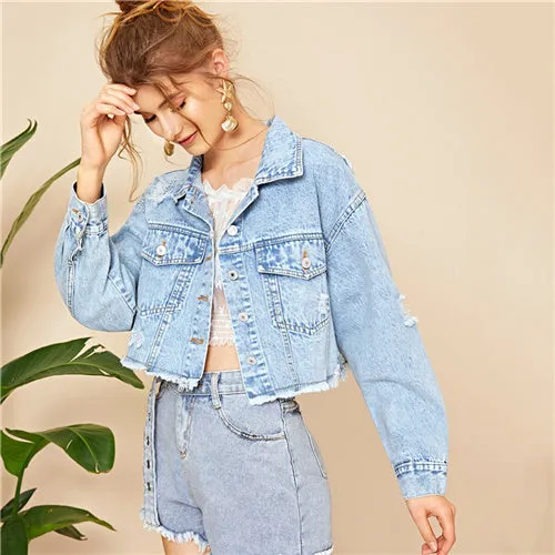 SHEIN Blue Ripped Frayed Edge Flakes Crop Denim Jeans Jacket Women Spring Autumn Single Breasted Casual Outwear Coat Jackets