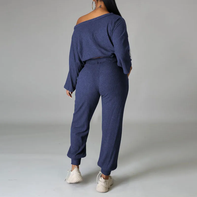 Solid One Shoulder Drawstring Crop Top & Pants Set