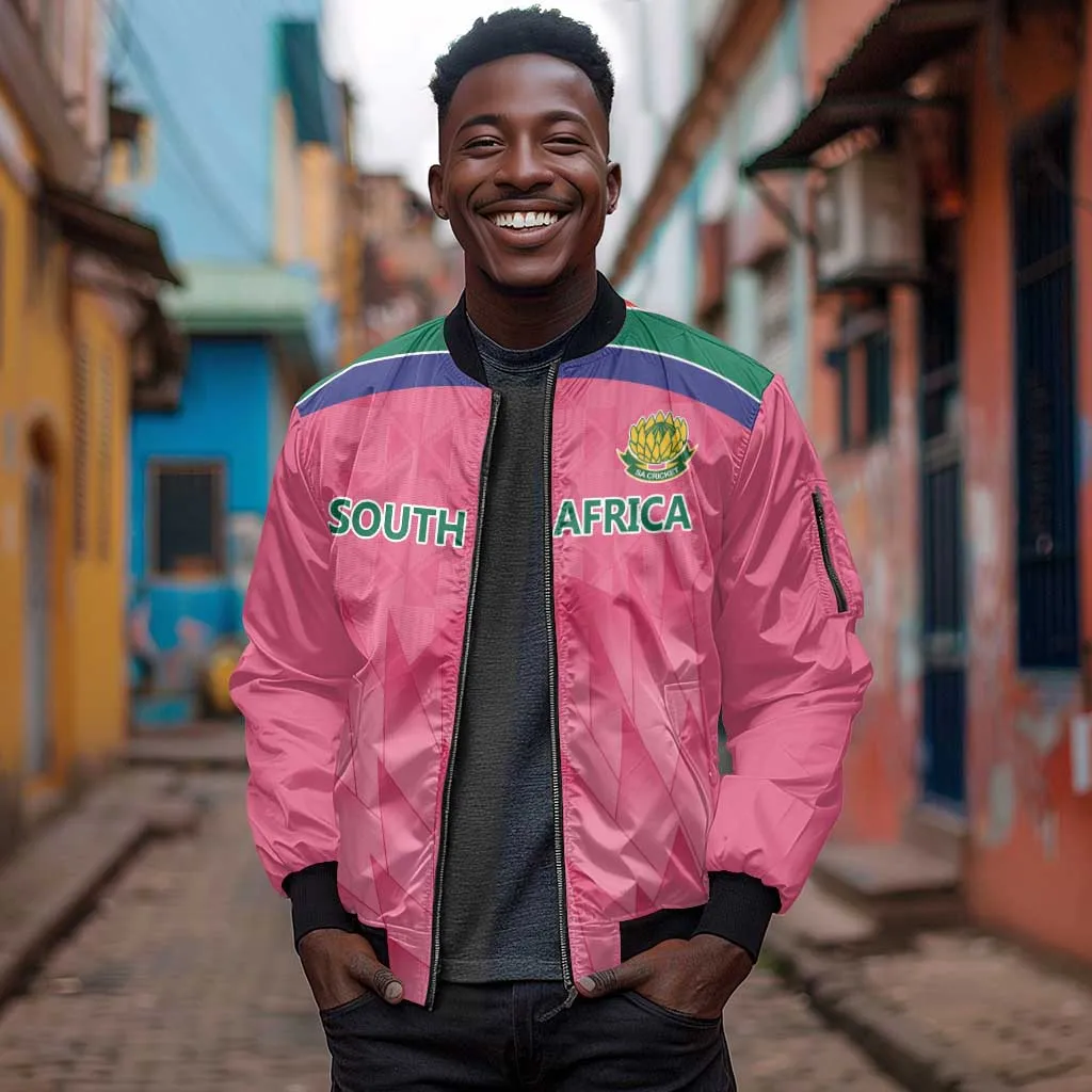 South Africa Cricket Custom Sleeve Zip Bomber Jacket African King Proteas Pink LT9