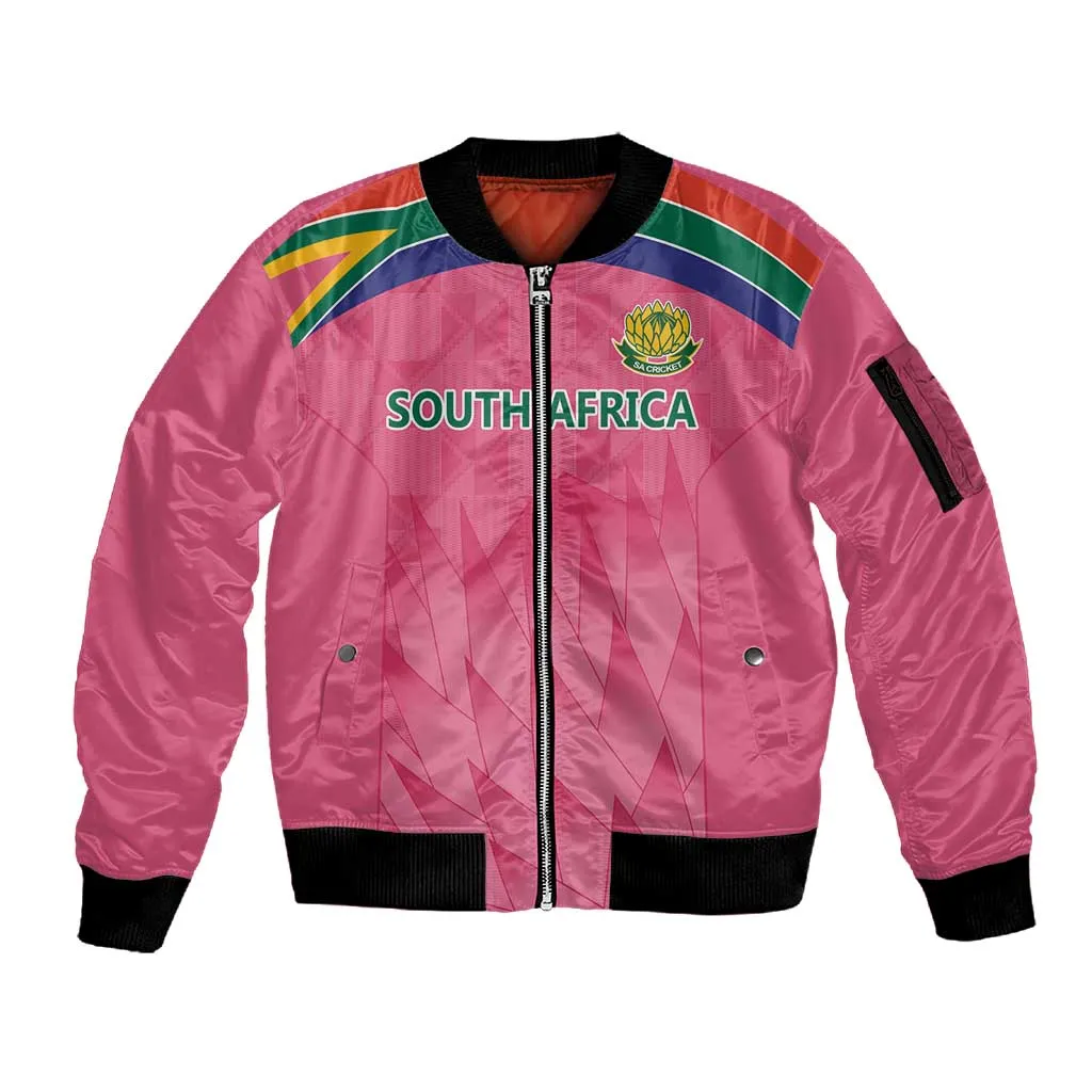South Africa Cricket Custom Sleeve Zip Bomber Jacket African King Proteas Pink LT9