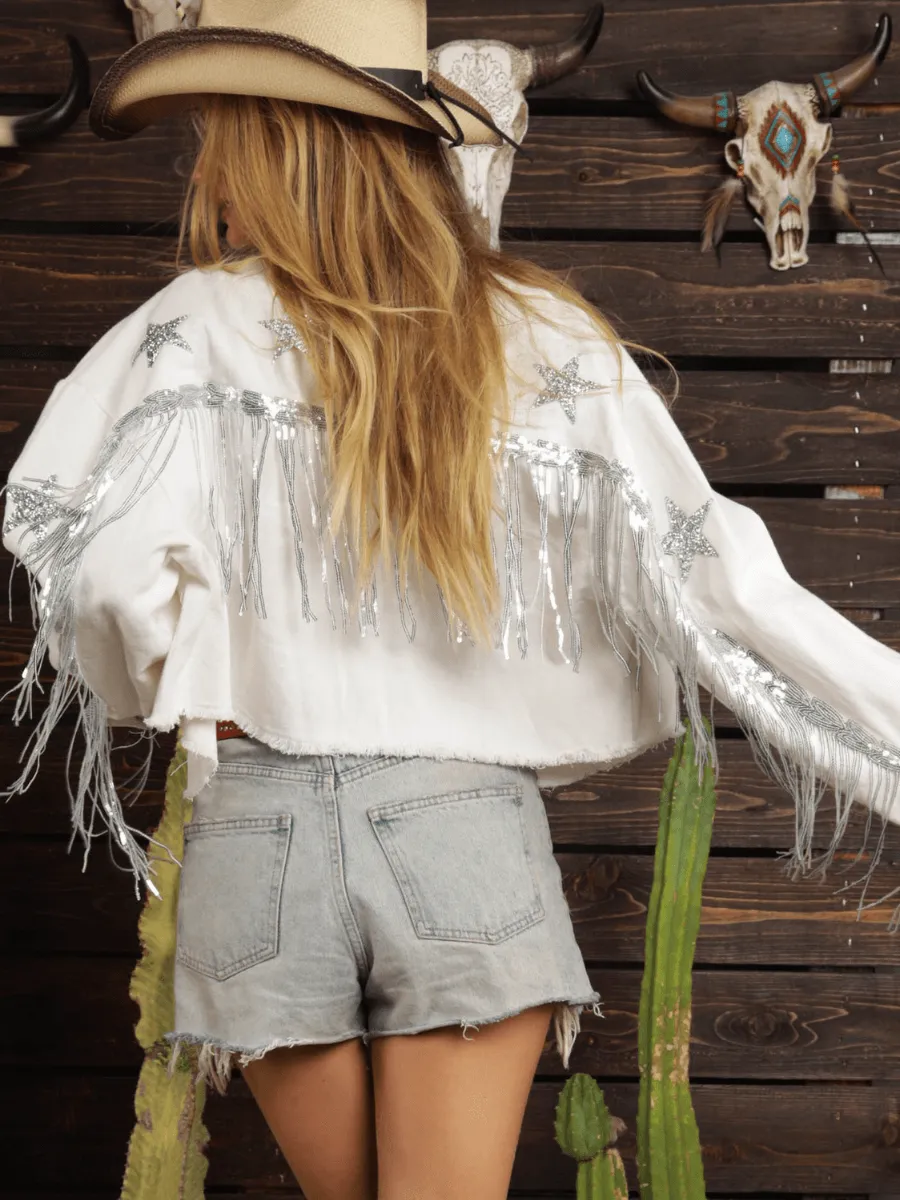 Star Embellished Sequins Fringe Cowgirl Denim Jacket