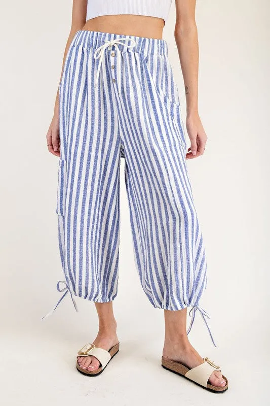 Stripped Cargo Pocket Cropped Pants
