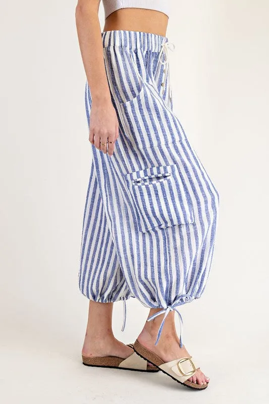 Stripped Cargo Pocket Cropped Pants