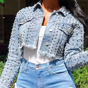 Studded Distressed Cropped Denim Jacket