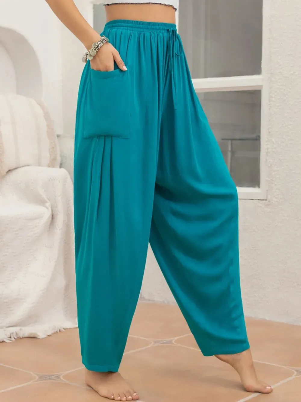Stylish Drawstring Wide Leg Pants with Pockets for Women