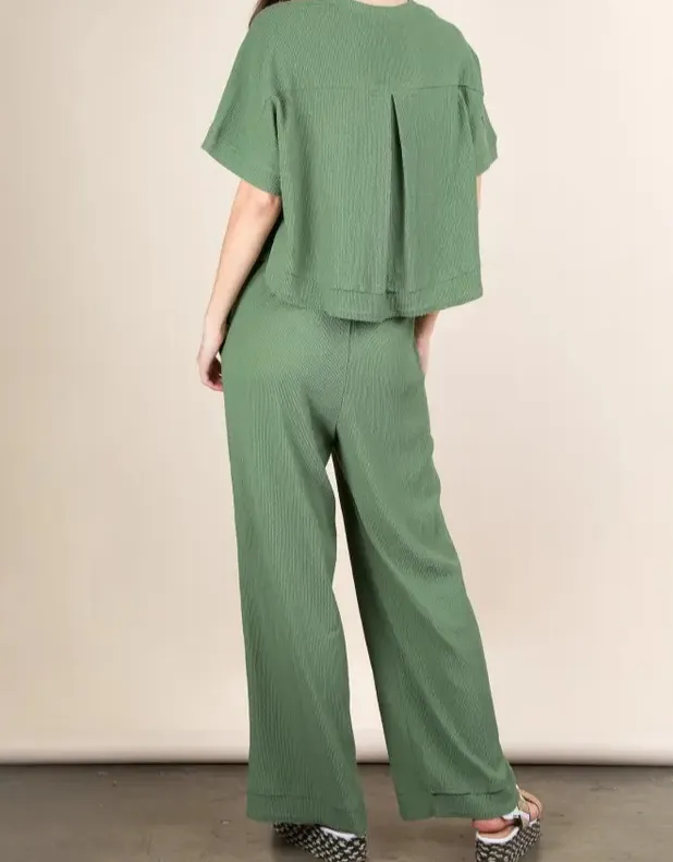 Textured Knit Top and Pants Set - Sage