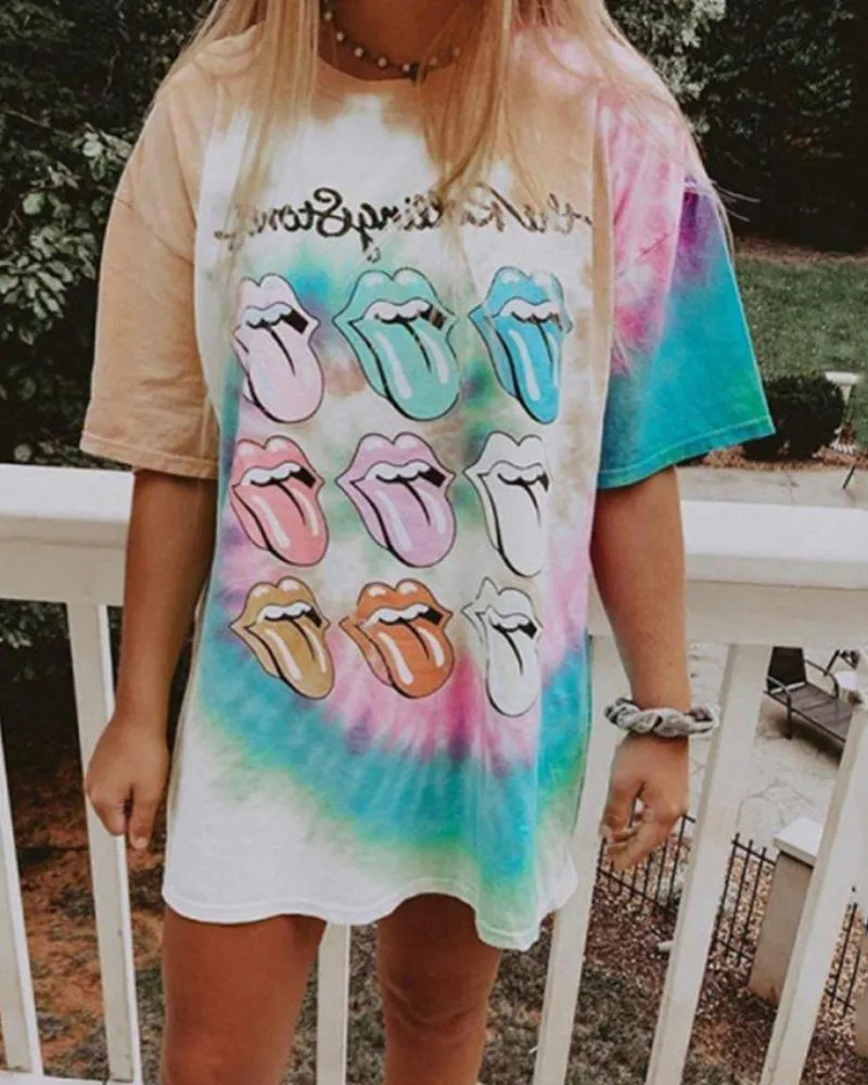 Tie Dye Lip Print T Shirt Tunic